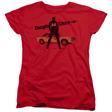 Red women's t-shirt with Chevrolet Tough To Tame graphic