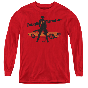 Red youth long sleeve t-shirt with Chevrolet Tough To Tame graphic