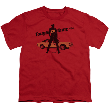 Red youth t-shirt for ages 8 to 12 with Chevrolet Tough To Tame graphic