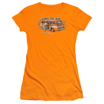 Orange juniors t-shirt with Chevrolet Greenbrier Corvair Sport Wagon graphic