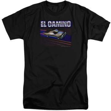 Black men's tall fit t-shirt with Chevrolet El Camino 85 graphic