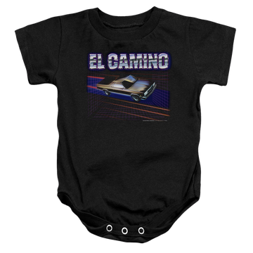 Black baby bodysuit with Chevrolet El Camino 85 graphic