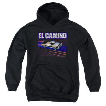 Black youth hoodie for ages 8 to 12 with Chevrolet El Camino 85 graphic