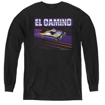 Black youth long sleeve t-shirt with Chevrolet El Camino 85 graphic