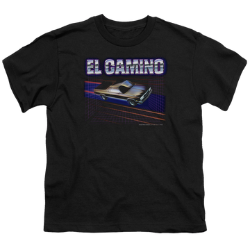 Black youth t-shirt for ages 8 to 12 with Chevrolet El Camino 85 graphic