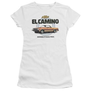 White juniors t-shirt with Chevrolet Also A Truck graphic