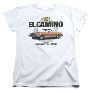 White women's t-shirt with Chevrolet Also A Truck graphic