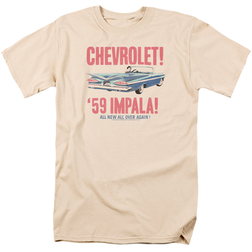 Cream men's regular fit t-shirt with Chevrolet 59 Impala graphic