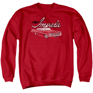 Red men's crewneck sweatshirt with Chevrolet Classic Impala graphic