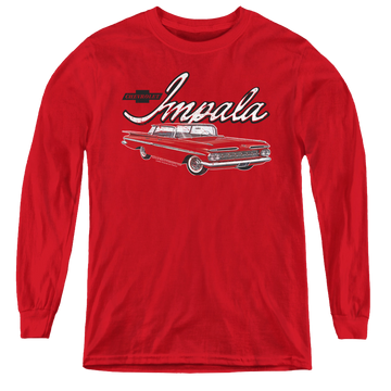 Red youth long sleeve t-shirt with Chevrolet Classic Impala graphic