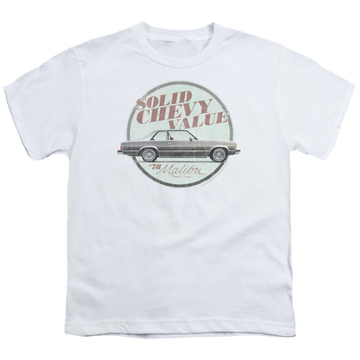 White youth t-shirt for ages 8 to 12 with Chevrolet Do The Bu graphic