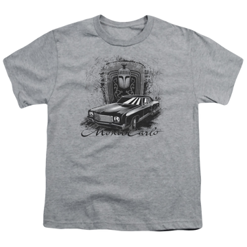 Athletic heather youth t-shirt for ages 8 to 12 with Chevrolet Monte Carlo Drawing graphic