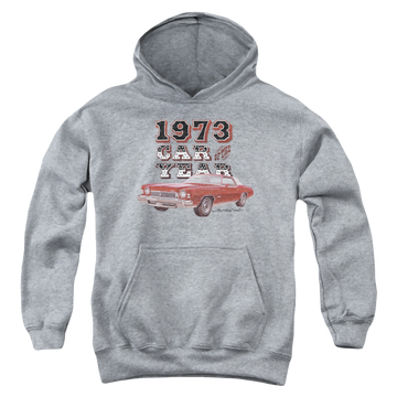 Athletic heather youth hoodie for ages 8 to 12 with Chevrolet Car Of The Year graphic