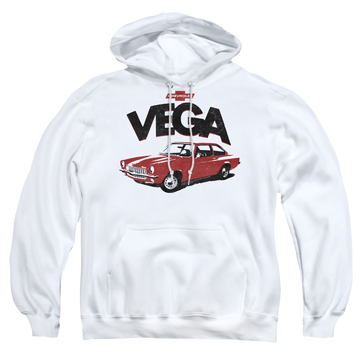 White pullover hoodie with Chevrolet Rough Vega graphic