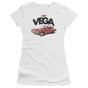 White juniors t-shirt with Chevrolet Rough Vega graphic