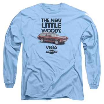Carolina blue men's long sleeve t-shirt with Chevrolet Vega The Neat Little Woody graphic