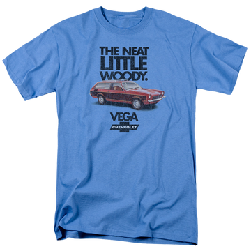 Carolina blue men's regular fit t-shirt with Chevrolet Vega The Neat Little Woody graphic