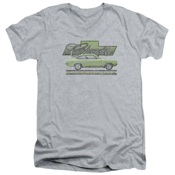 Athletic heather men's v-neck t-shirt with Chevrolet Vega Car Of The Year 71 graphic