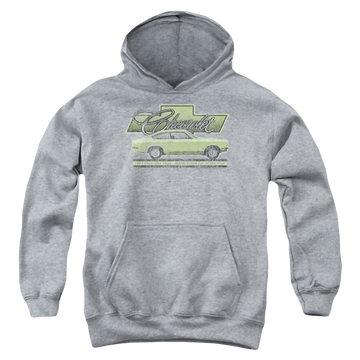 Athletic heather youth hoodie for ages 8 to 12 with Chevrolet Vega Car Of The Year 71 graphic