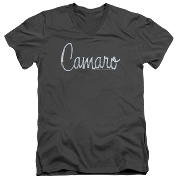 Charcoal men's v-neck t-shirt with Chevrolet Classic Camaro Metal graphic