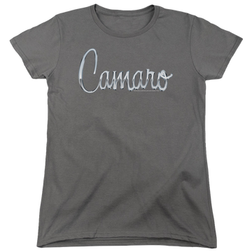 Charcoal women's t-shirt with Chevrolet Classic Camaro Metal graphic