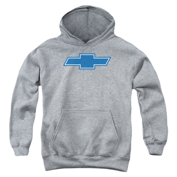 Athletic heather youth hoodie for ages 8 to 12 with Chevrolet Simple Vintage Bowtie graphic