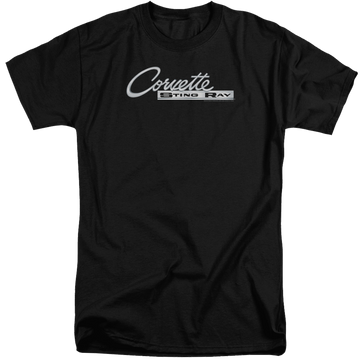 Black men's tall fit t-shirt with Chevrolet Chrome Stingray Logo graphic