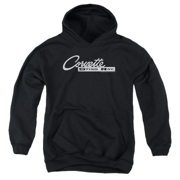 Black youth hoodie for ages 8 to 12 with Chevrolet Chrome Stingray Logo graphic
