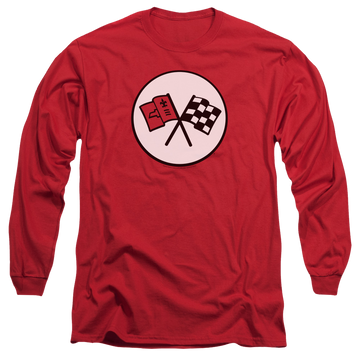 Red men's long sleeve t-shirt with Chevrolet 2nd Gen Vette Logo graphic