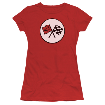 Red juniors t-shirt with Chevrolet 2nd Gen Vette Logo graphic