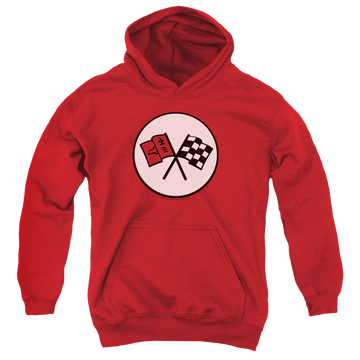Red youth hoodie for ages 8 to 12 with Chevrolet 2nd Gen Vette Logo graphic