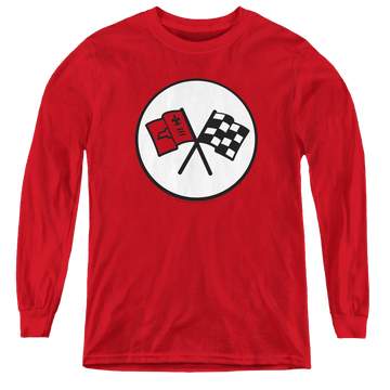 Red youth long sleeve t-shirt with Chevrolet 2Nd Gen Vette Logo graphic
