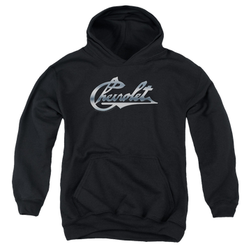 Black youth hoodie for ages 8 to 12 with Chevrolet Chrome Vintage Chevy Bowtie graphic