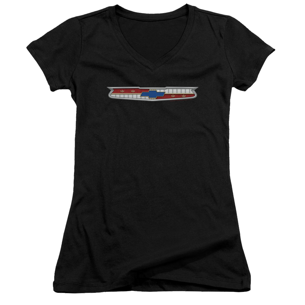 Chevrolet 56 Bel Air Emblem - Juniors V-Neck T-Shirt Juniors V-Neck T-Shirt Chevrolet   