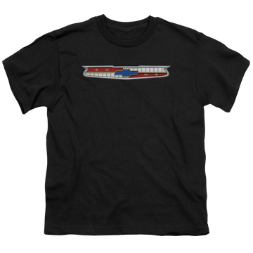 Black youth t-shirt for ages 8 to 12 with Chevrolet 56 Bel Air Emblem graphic