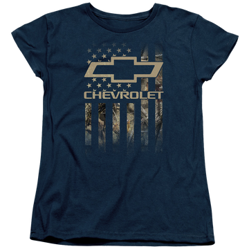Navy women's t-shirt with Chevrolet Camo Flag graphic