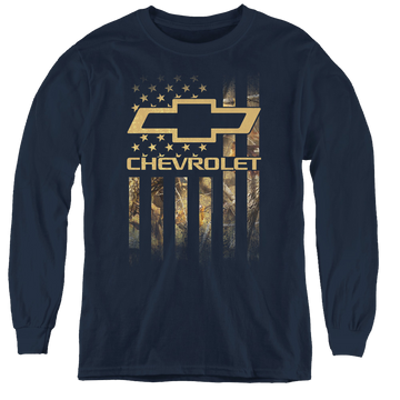 Navy youth long sleeve t-shirt with Chevrolet Camo Flag graphic