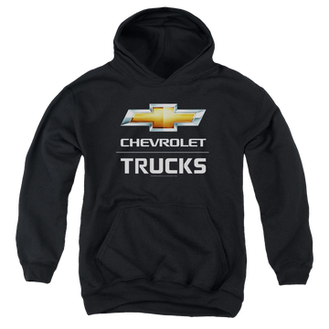 Black youth hoodie for ages 8 to 12 with Chevrolet Trucks graphic