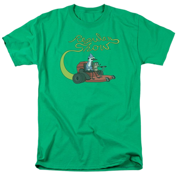 Kelly green men's regular fit t-shirt with Regular Show Mower graphic