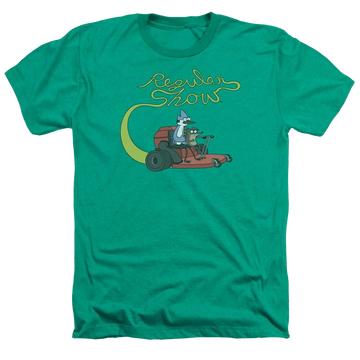 Kelly green men's heather t-shirt with Regular Show Mower graphic