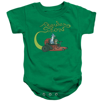 Kelly green baby bodysuit with The Regular Show Mower graphic
