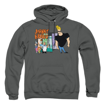 Charcoal pullover hoodie with Johnny Bravo Johnny &amp; Friends graphic