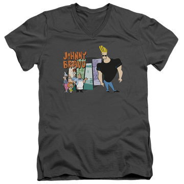 Charcoal men's v-neck t-shirt with Johnny Bravo Johnny & Friends graphic