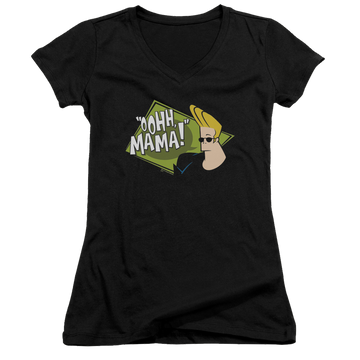 Black juniors v-neck t-shirt with Johnny Bravo Oohh Mama graphic