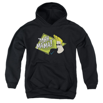 Black youth hoodie for ages 8 to 12 with Johnny Bravo Oohh Mama graphic