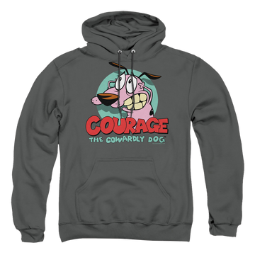 Charcoal pullover hoodie with Courage the Cowardly Dog Courage graphic