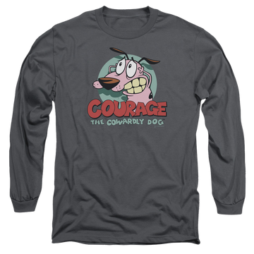 Charcoal men's long sleeve t-shirt with Courage the Cowardly Dog Courage graphic