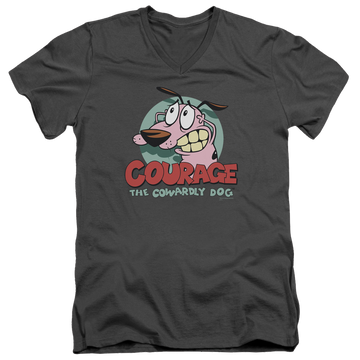 Charcoal men's v-neck t-shirt with Courage the Cowardly Dog Courage graphic