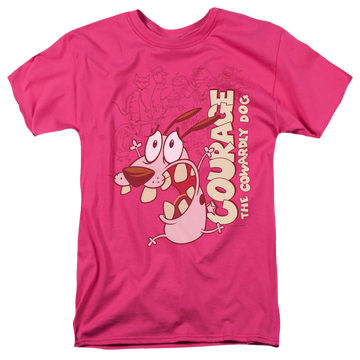 Hot pink men's regular fit t-shirt with Courage the Cowardly Dog Running Scared graphic