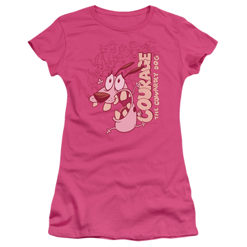 Hot pink juniors t-shirt with Courage the Cowardly Dog Running Scared graphic